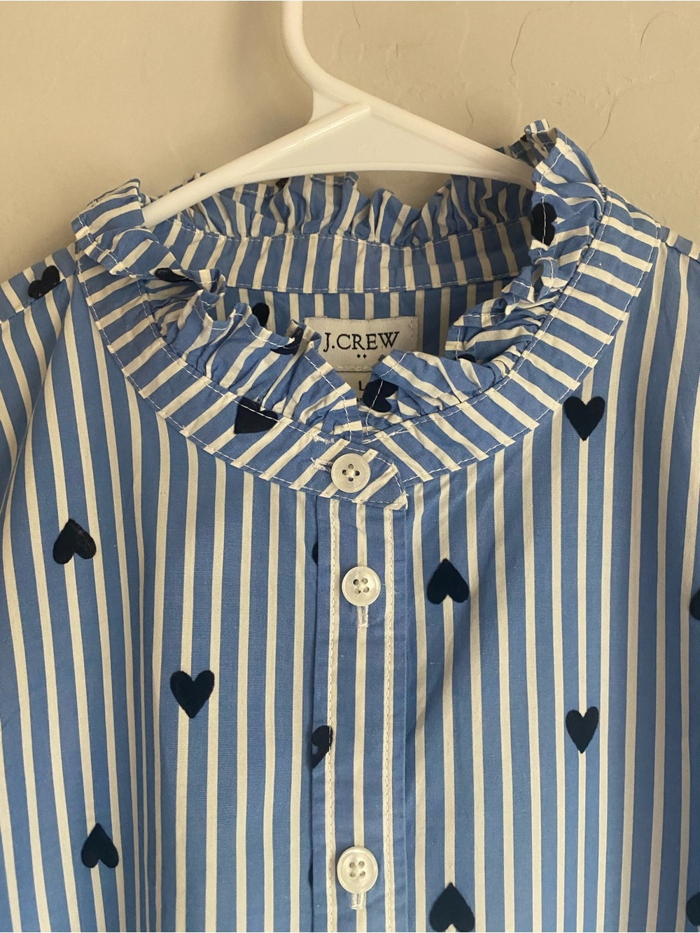 J. Crew Ruffle-Neck Long Sleeve Button Down Top with Stripes & Hearts Size L - Picture 4 of 9